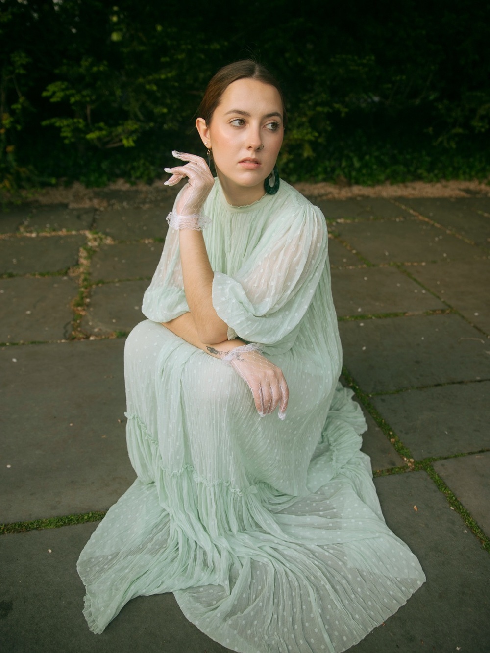 Zara Mint Green Pleated Maxi Dress with Dotted Texture